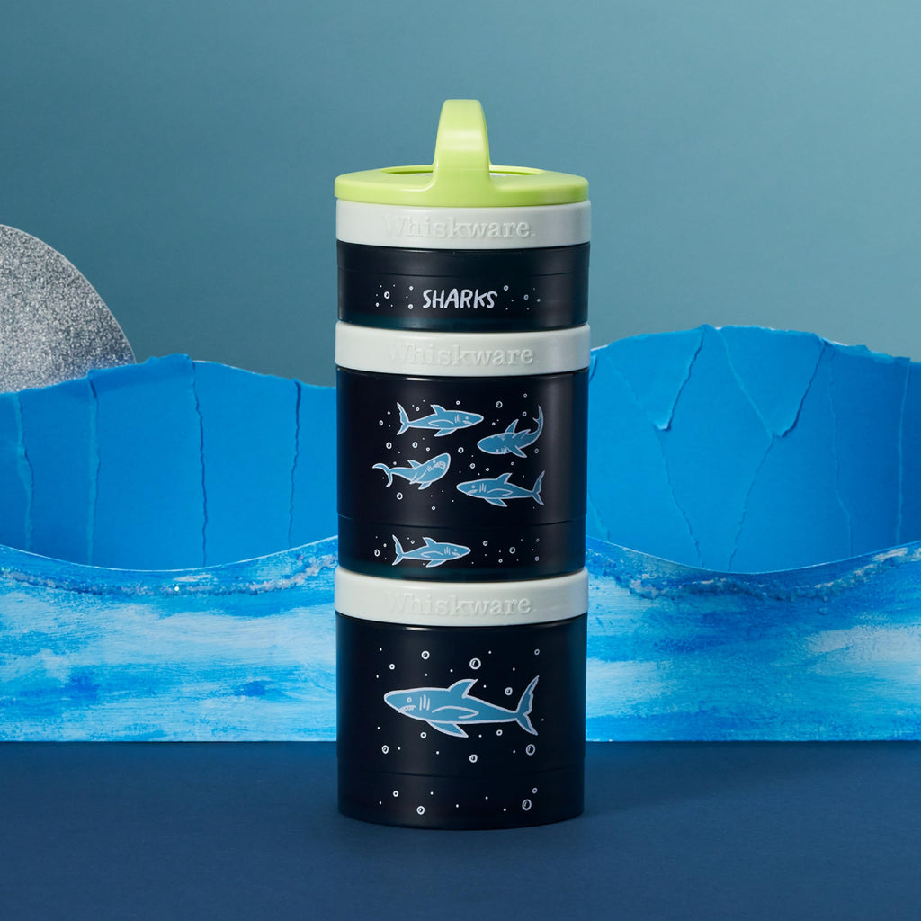 Whiskware Stackable Snack Containers for Kids and Toddlers, 3 Stackable Snack Cups for School or Travel, Sharks(Pack of 1)