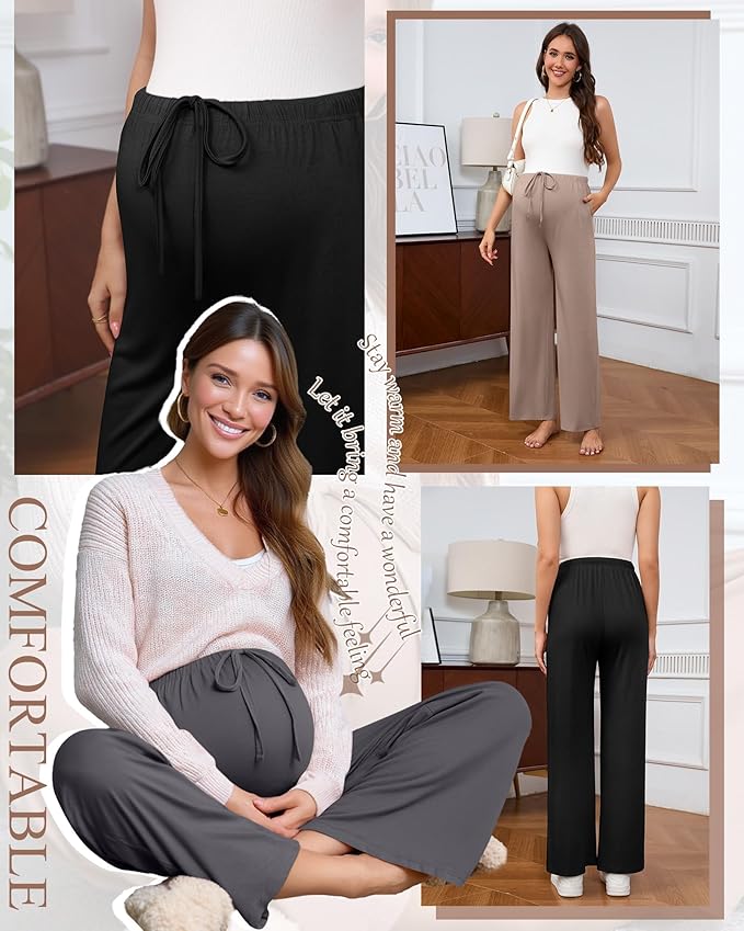 3 Pack Maternity Pants for Women Over The Belly Lounge Work Pregnancy Pants Drawing Wide Leg Trousers with Pockets