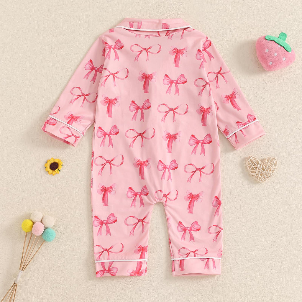 Balaflyie Baby Girl Button Down Pajamas Romper One-Piece Jumpsuit Long Sleeve Sleeper Infant Sleepwear (Ribbon Bow&Pink,3-6 Months)