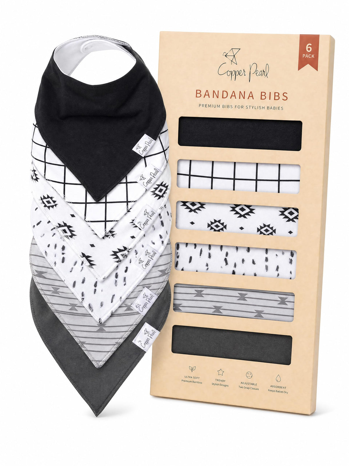 Copper Pearl Baby Bibs for Baby Boy or Girl – Bandana Drool Bibs for Teething, Absorbent Bibs for Eating, Newborn to Toddler, 4 Pack, Black Basics