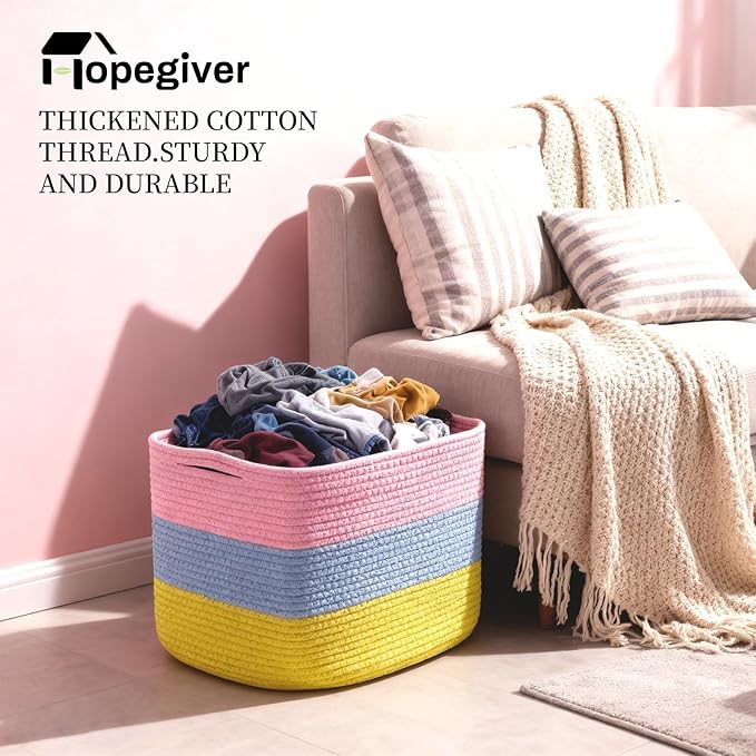 Hopegiver Storage Baskets for Organizing with Handle, Woven Baskets for Shelves - Durable Gift Basket for Cloth Toys Books Baby, Cotton Rope Basket for Dog Cat, 15x11x10 Inch(Pink&Blue&Yellow)