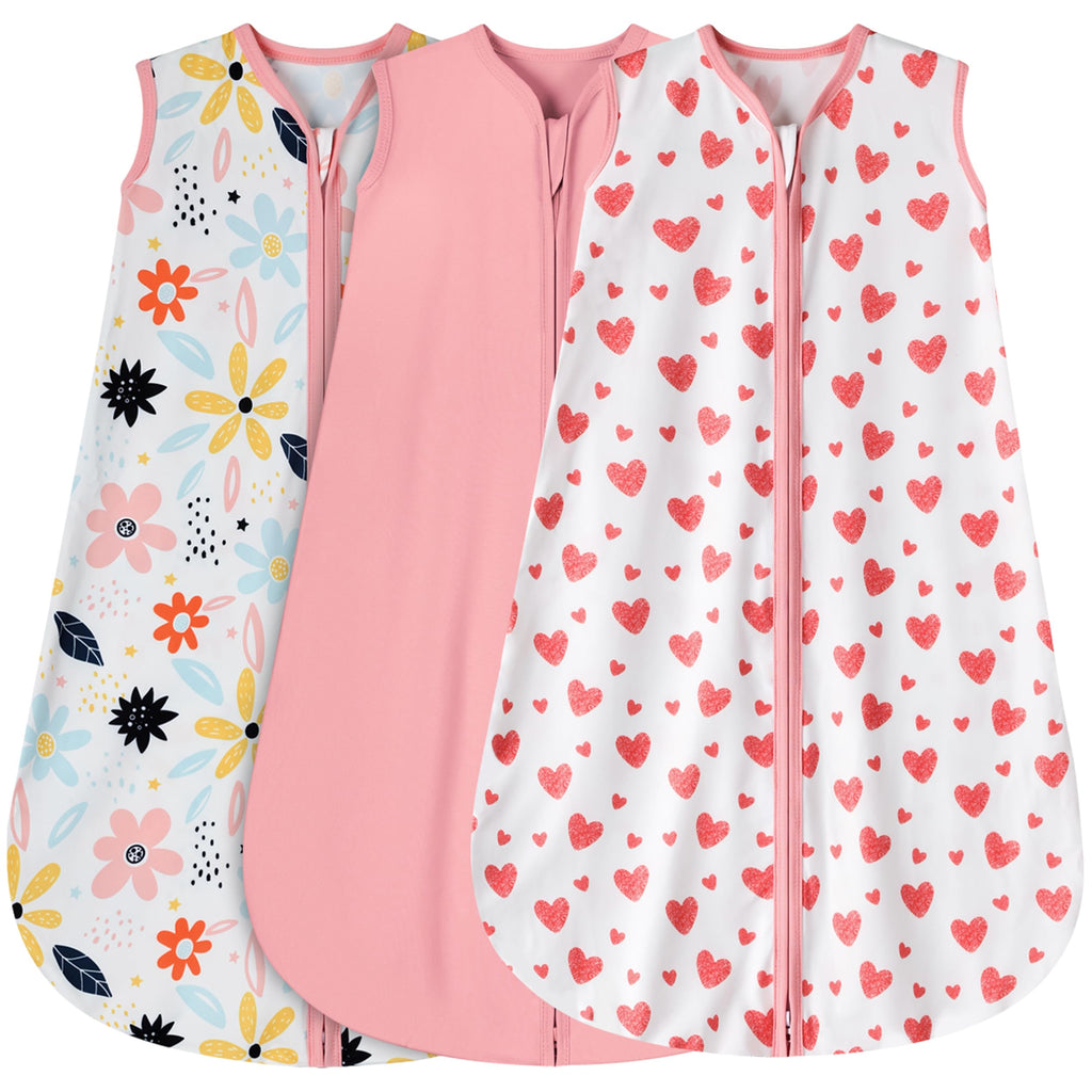 BSTOPPT 3 Pack Baby Sleep Sack 6-12 Months 100% Rayon Cotton Baby Sleeping Bag 2-Way Zipper Toddler Wearable Blankets TOG 0.3 （Heart&Pink&Floral）