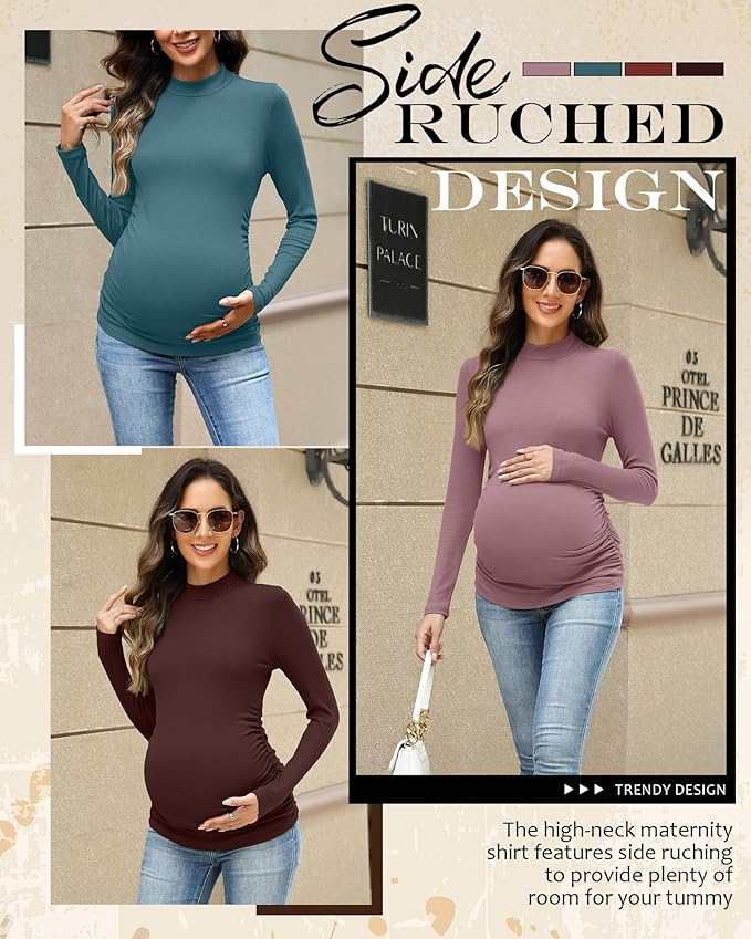 4 Packs Womens Maternity Shirts Long Sleeve Cotton Ribbed Pregnancy Mock Neck Side Ruched Workout Tops for Mama