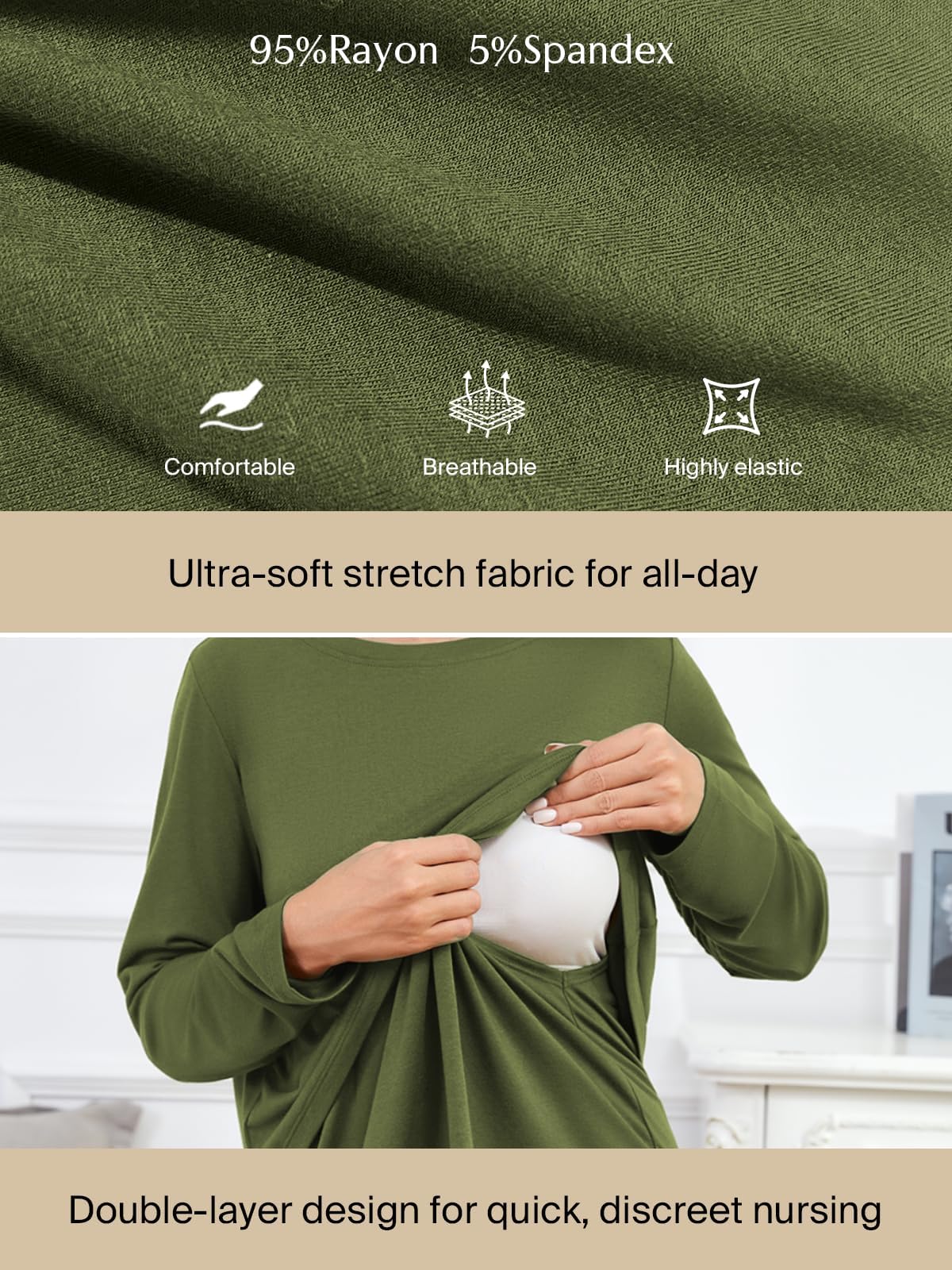 Ecavus Women's 3Pack Maternity Nursing Shirts Long Sleeve Double Layer Breastfeeding Shirts Comfy Pregnancy Clothes