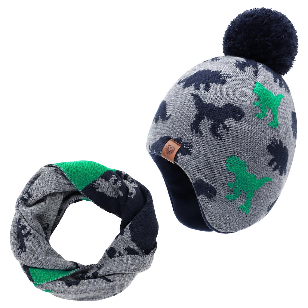 Duoyeree Kids Beanie Dinosaur Pom Pom Knit Winter Hat Fleece Lined for 1-7T
