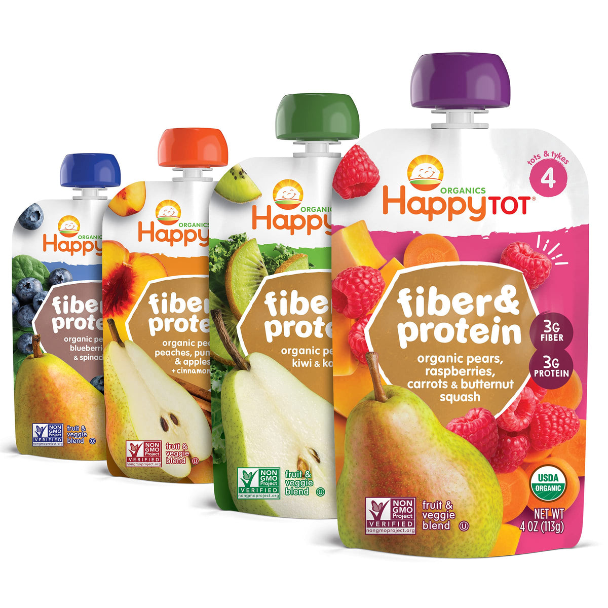 HAPPY TOT Fiber & Protein, Stage 4, Pears Blueberries Spinach, 4oz (16)