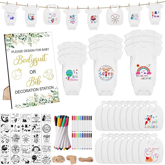 151 Pcs Baby Shower Game Decorations Kit with Bibs, Bodysuits, Wooden Sign & Fabric Markers (GreenGolden)
