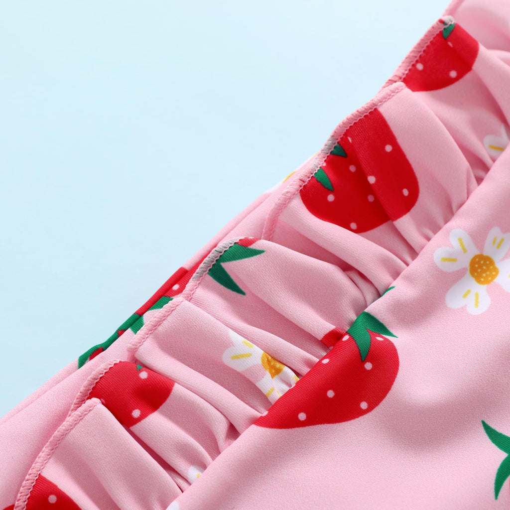 Happy Town One-Piece Infant Toddler Baby Girl Summer Swimsuit Watermelon Leopard Ruffle Swimwear Bikini Bathing Suit (Strawberry, 2-3 Years)