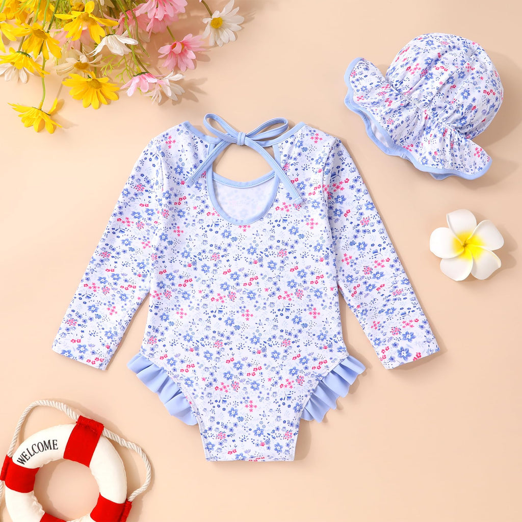 Infant Baby Girls Long Sleeve One Piece Swimsuit with Hat Floral Zipper Bathing Suit Leopard Beach Wear (Blue Border Floral Fragments，18-24Months)