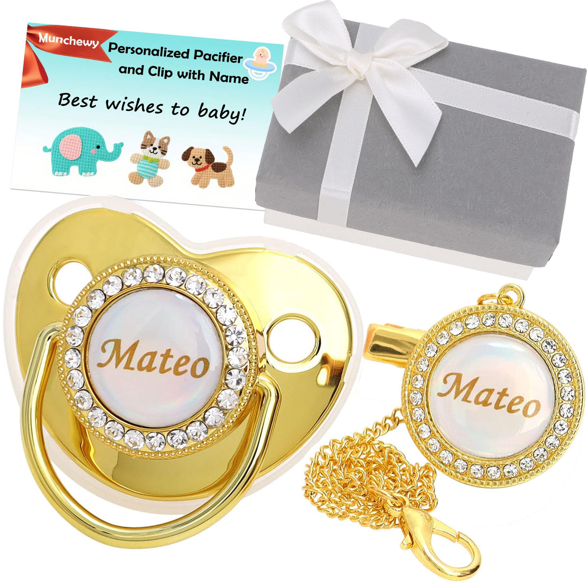 Munchewy Custom Baby Pacifier with Name and Clip for Newborns(White)