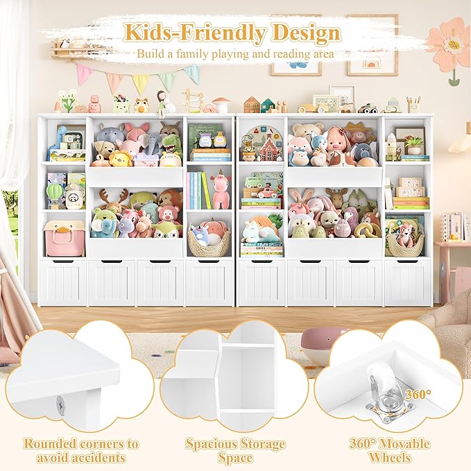 FINETONES Toy Organizers and Storage with 4 Movable Drawers, Large Toy Storage Organizer with 8 Open Storage Cubbies, Kids Bookshelf and Toy Storage with Hidden Wheels for Playroom, Kids Room,White