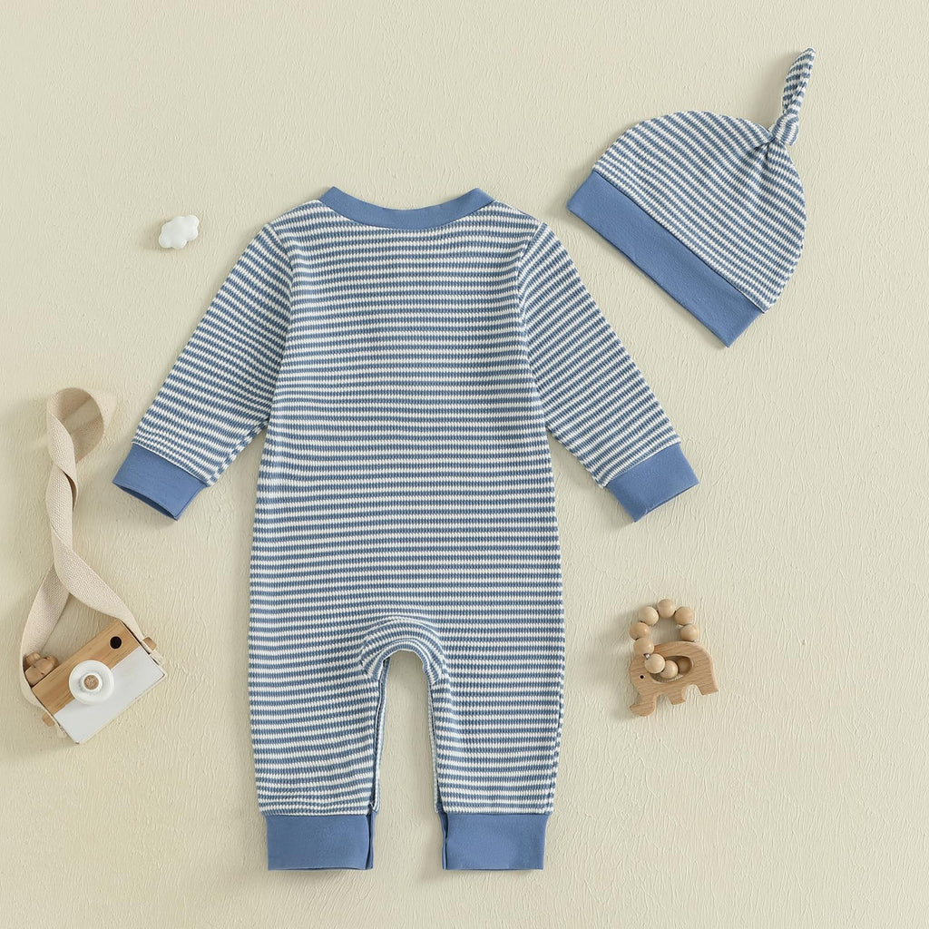 Kuriozud Newborn Infant Unisex Baby Boy Girl Clothes Button Romper Jumpsuit Basic One Piece Outfits Striped Long Sleeve with Hat Blue, Newborn