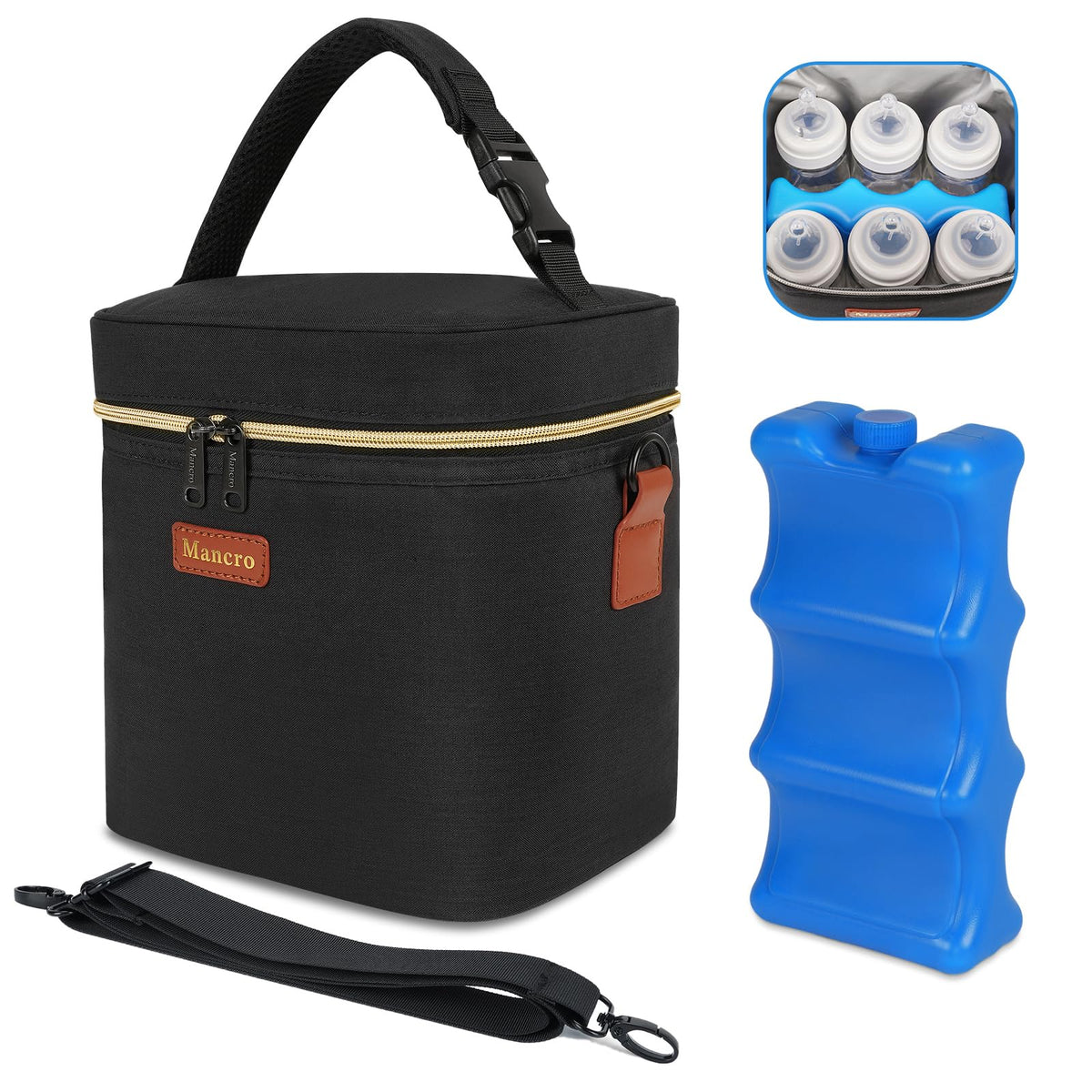 Mancro Breastmilk Cooler Bag with Ice Pack Fits 6 Baby Bottles Up to 9 Oz