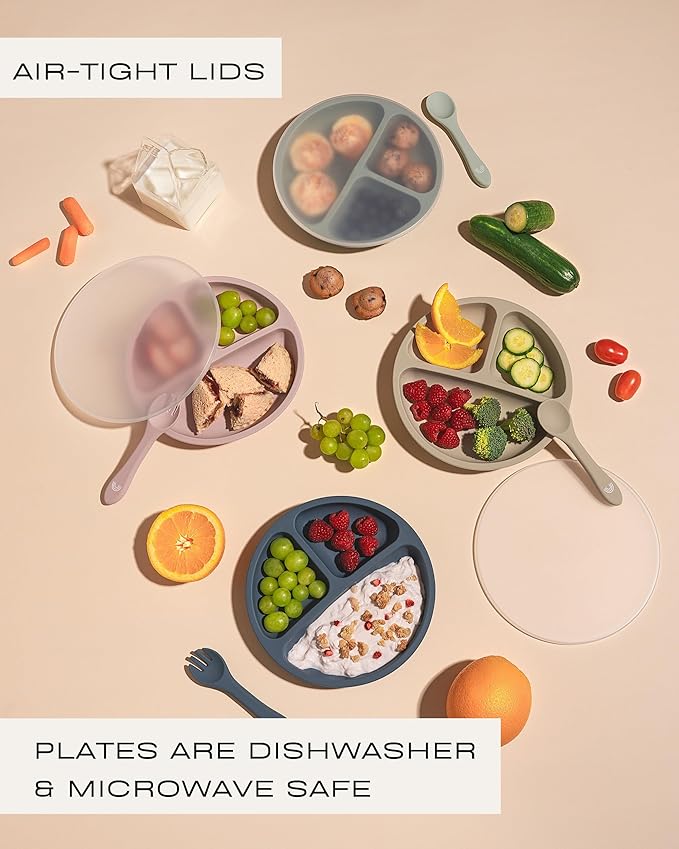 Hippypotamus Toddler Plates with Suction - 100% Food-Grade Silicone Baby Plates with Lids - Microwave & Dishwasher Safe - BPA Free - Set of 3 (Sage/Blush/Nude with LIDS)