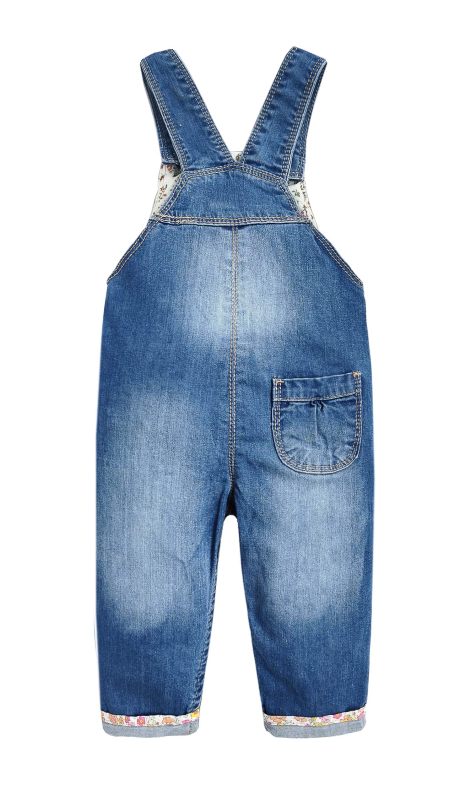 KIDSCOOL SPACE Baby Girls Easy Diaper Changing Snap Legs Embroidered Cute Denim Overalls,Blue,9-12 Months