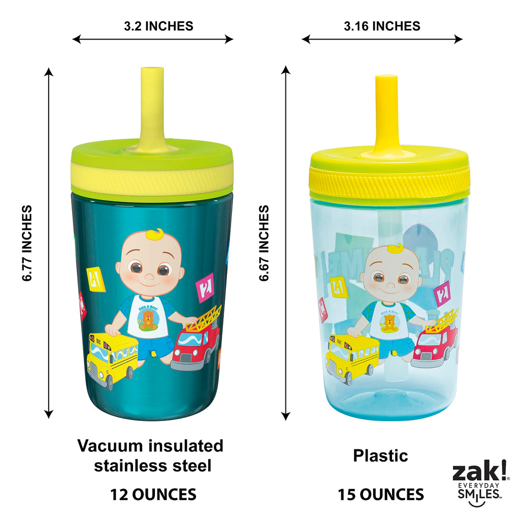 Zak Designs CoComelon Kelso Tumbler Set, Leak-Proof Screw-On Lid with Straw, Bundle for Kids Includes Plastic and Stainless Steel Cups with Bonus Sipper (3pc Set, Non-BPA)