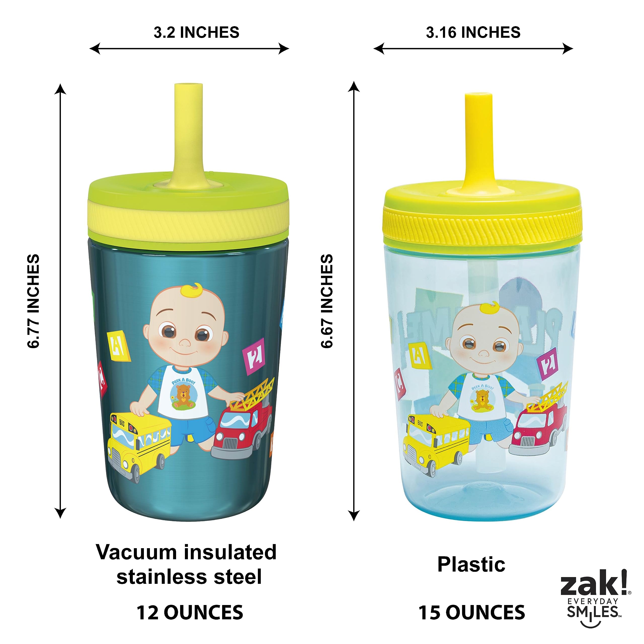 Zak Designs CoComelon Kelso Tumbler Set, Leak-Proof Screw-On Lid with Straw, Bundle for Kids Includes Plastic and Stainless Steel Cups with Bonus Sipper (3pc Set, Non-BPA)