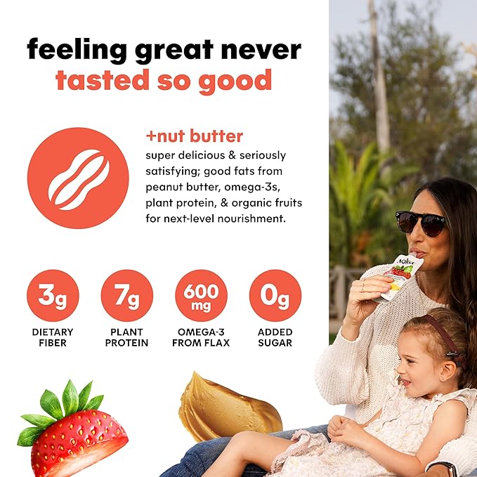 Noka Superfood Fruit & Nut Butter Smoothie Pouches, Healthy Snacks (Strawberry Peanut Butter) 12 Pack, Vegan, Plant Protein, Gluten-Free, Organic, Meal Replacement Squeeze Packs, 4.22oz Ea