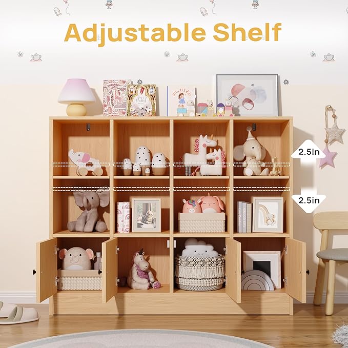 Oak Bookshelf, Wood Bookcase with 3 Tier Shelves, 12 Cube Storage Organizer with Doors for Bedroom, Living Room, 47.8" W x 39.1" H