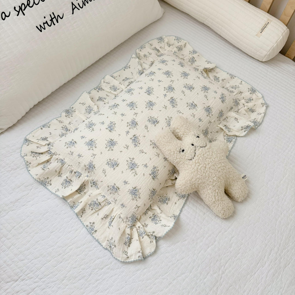 BuLuTu Muslin Cotton Kids Pillowcases for Girls Boys Shabby Chic Blue Floral Print Pillow Case Beige Toddler Pillowcases Standard Size Pillow Cover with Ruffles, 20"x26", 1 pc