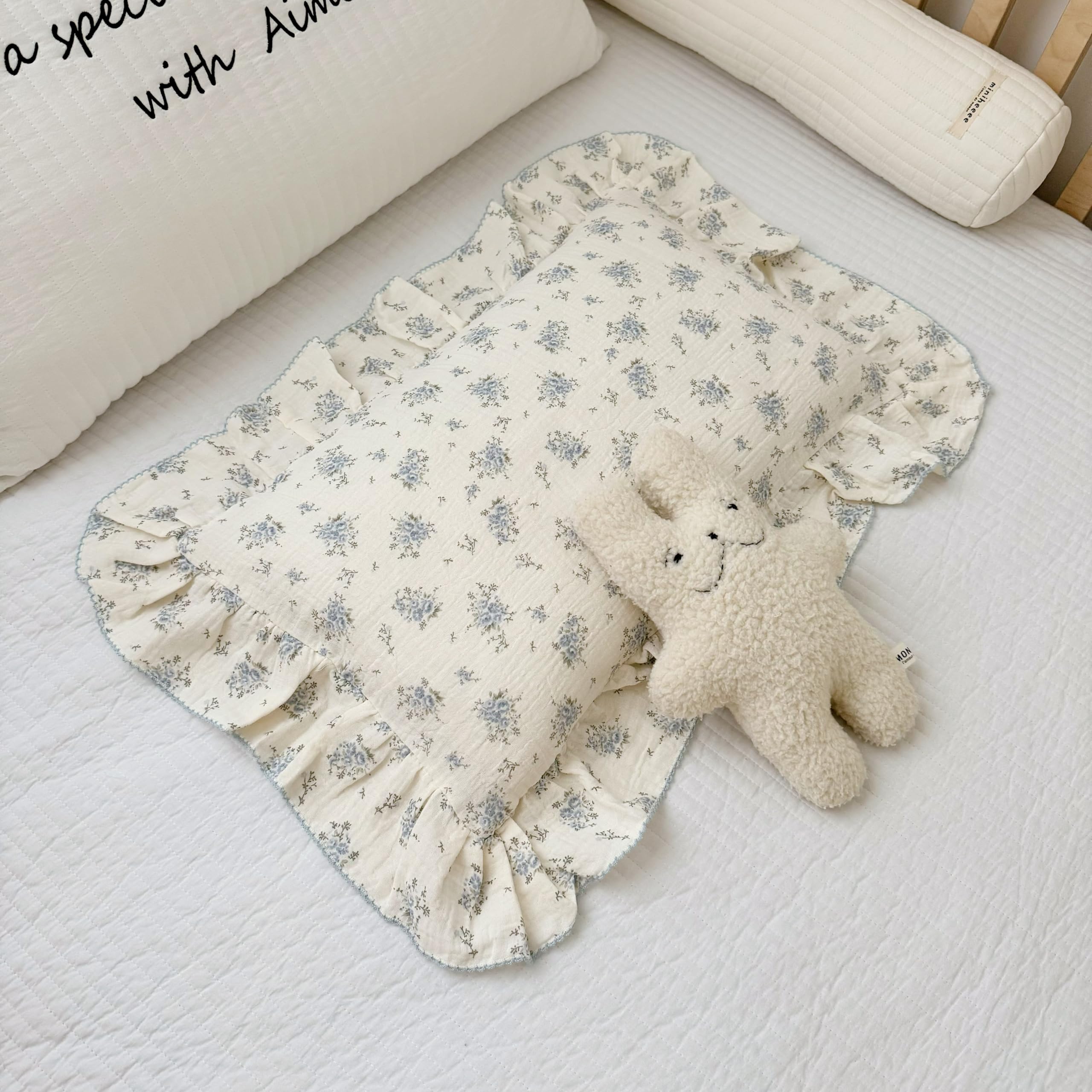 BuLuTu Muslin Cotton Kids Pillowcases for Girls Boys Shabby Chic Blue Floral Print Pillow Case Beige Toddler Pillowcases Standard Size Pillow Cover with Ruffles, 20"x26", 1 pc