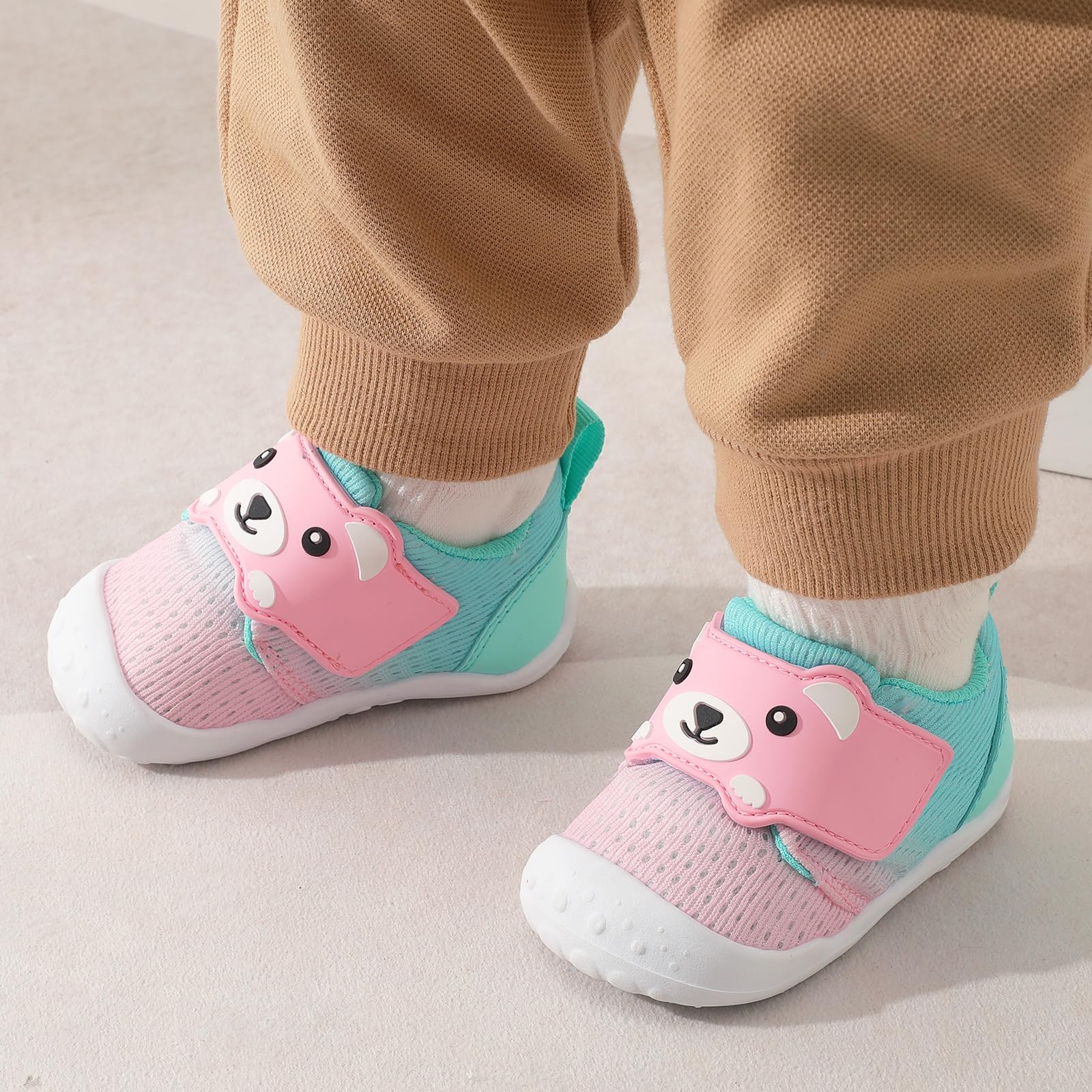 FEETCITY Baby Walking Shoes Baby Sneakers Wide Infant Shoes Breathable Infant Slip On Shoe Newborn Crib Shoe 2-2.5 Years Pink Green