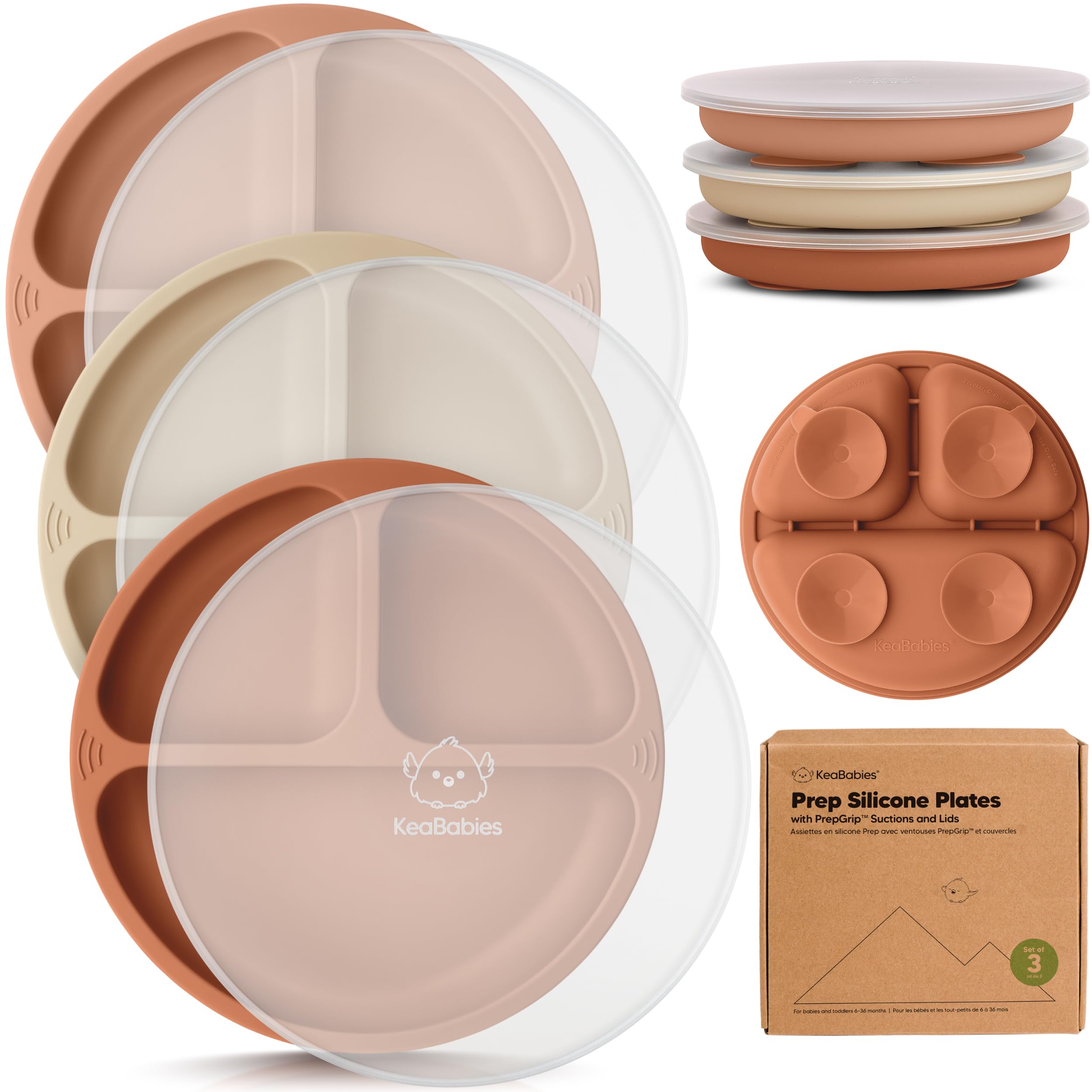 KeaBabies Suction Plates with Lids for Baby, 3pk 100% Silicone (Terracotta)
