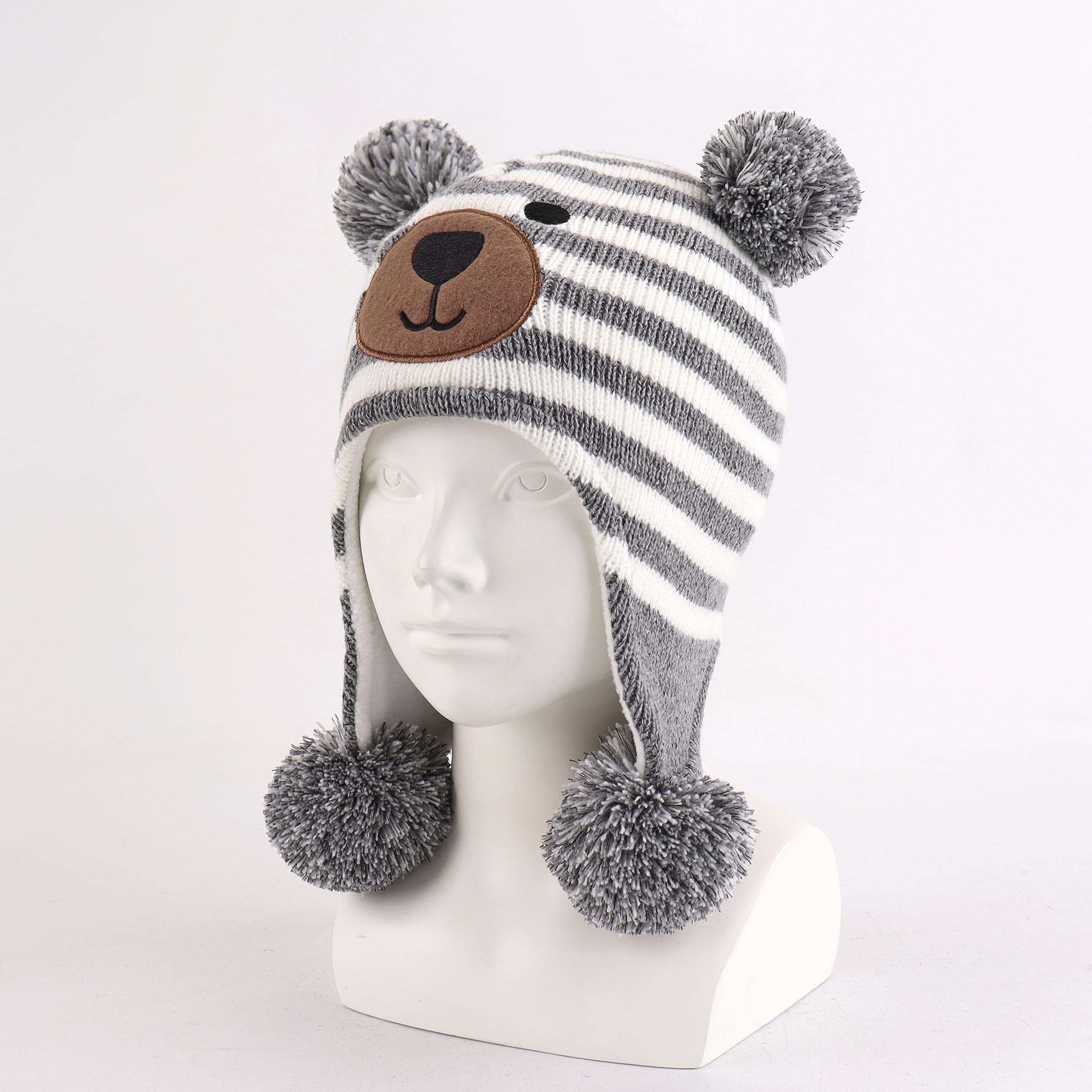 LANGZHEN Toddler Kids Infant Winter Hat,Earflap Knit Warm Cap Fleece Lined Beanie for Baby Boys Girls (Bear -Grey White Stripe, 2-4 T)