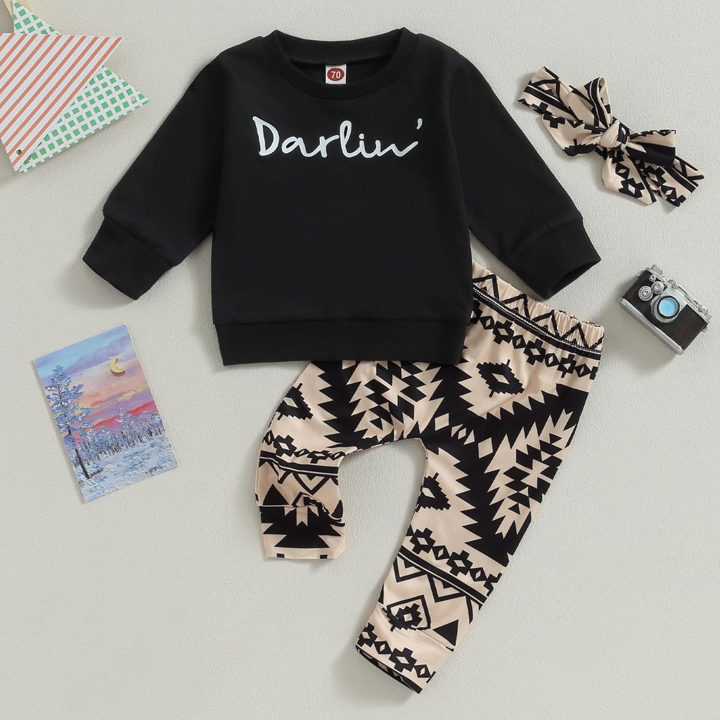 CIYCUIT 3Pcs Baby Girl Western Outfits Cowgirl Sweatshirt + Pants + Headband 0 6 12 18 24 Months Boho Clothes 6-12 Months