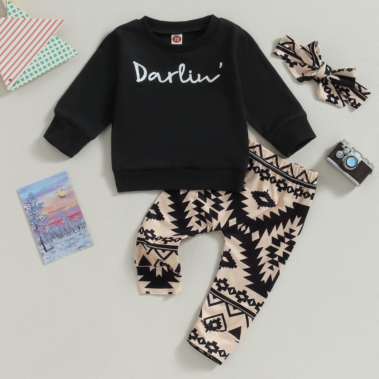 CIYCUIT 3Pcs Baby Girl Western Outfits Cowgirl Sweatshirt + Pants + Headband 0 6 12 18 24 Months Boho Clothes 6-12 Months