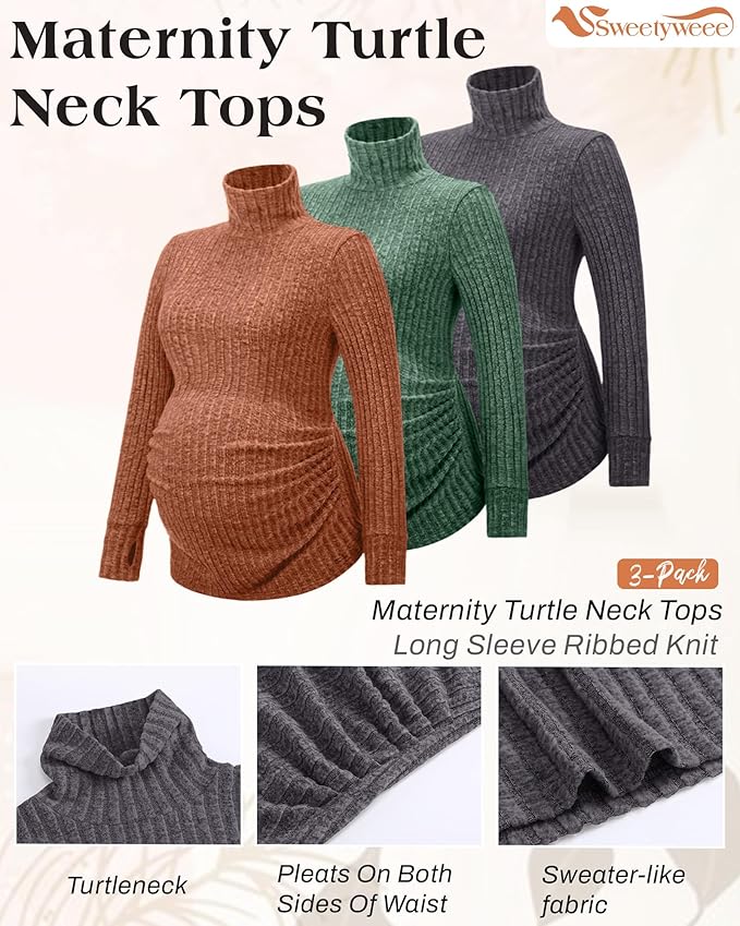 3 Pack Maternity T-Shirts Pregnancy Tops Women Sweater Long Sleeve Turtleneck Ribbed Finger Sleeve Outfits
