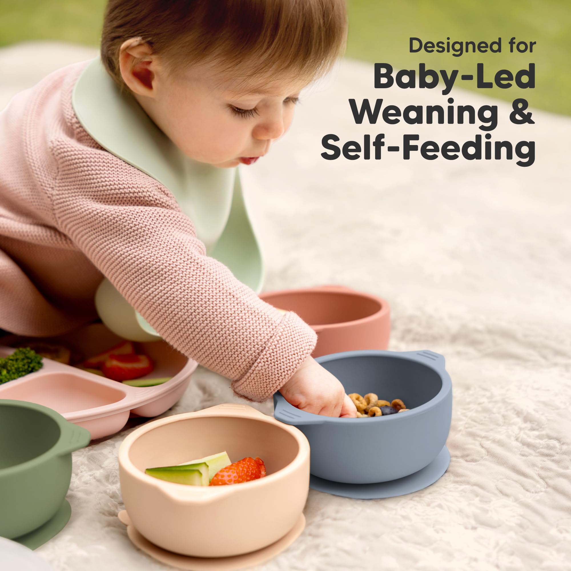 KeaBabies 2-Pack Baby Bowls with Suctions, Lids, BPA-Free Silicone (Slate)
