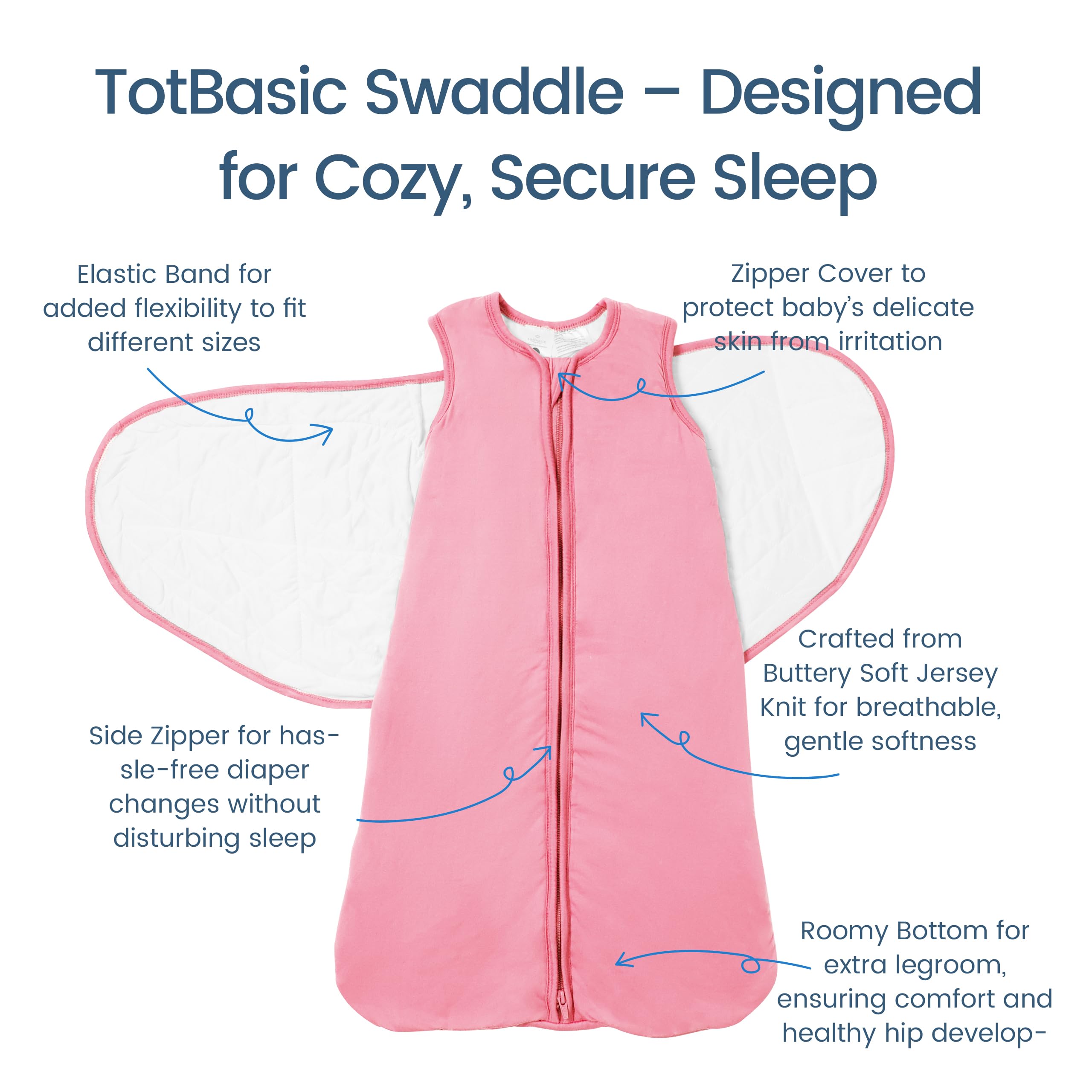 TOTBASIC Baby Swaddle Blanket 6-12 Months, 1.0 TOG 3-Way Adjustable Baby Sleep Sack, Sweet Pink
