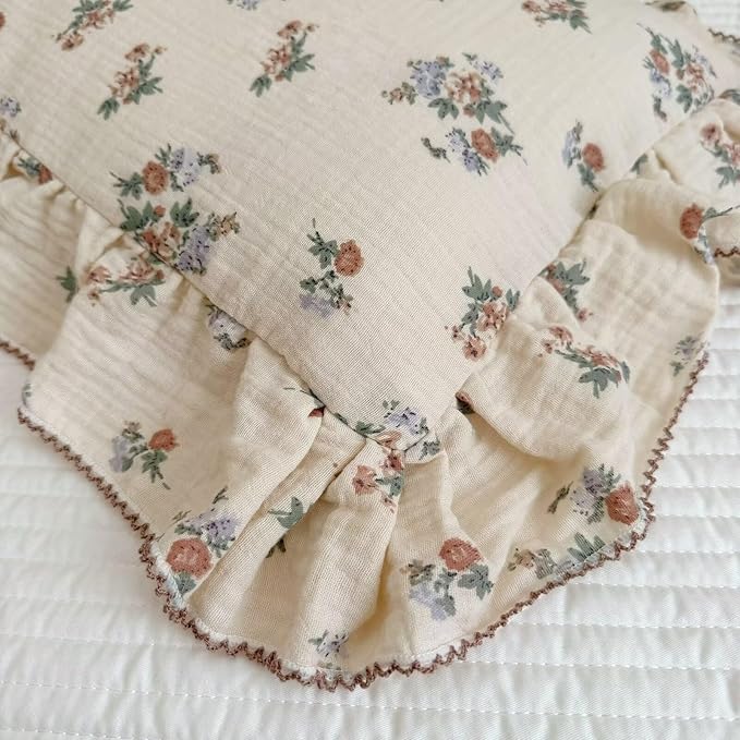 BuLuTu Kids Toddler Muslin Pillowcase Girls Boys Shabby Chic Floral Pillow Cases for Standard Pillow 20"x26", Kids Cotton Pillow Covers, 1 Pack, Envelope Closure, Machine Washable