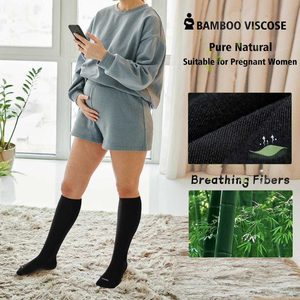 LEVSOX Viscose Made from Bamboo Compression Socks for Women&Men 20-30 mmHg Knee High Fun Cute Graduated Support Socks for Nurses, Pregnant Women, Travel and Flight, Medical, Black, Navy, Grey, Brown