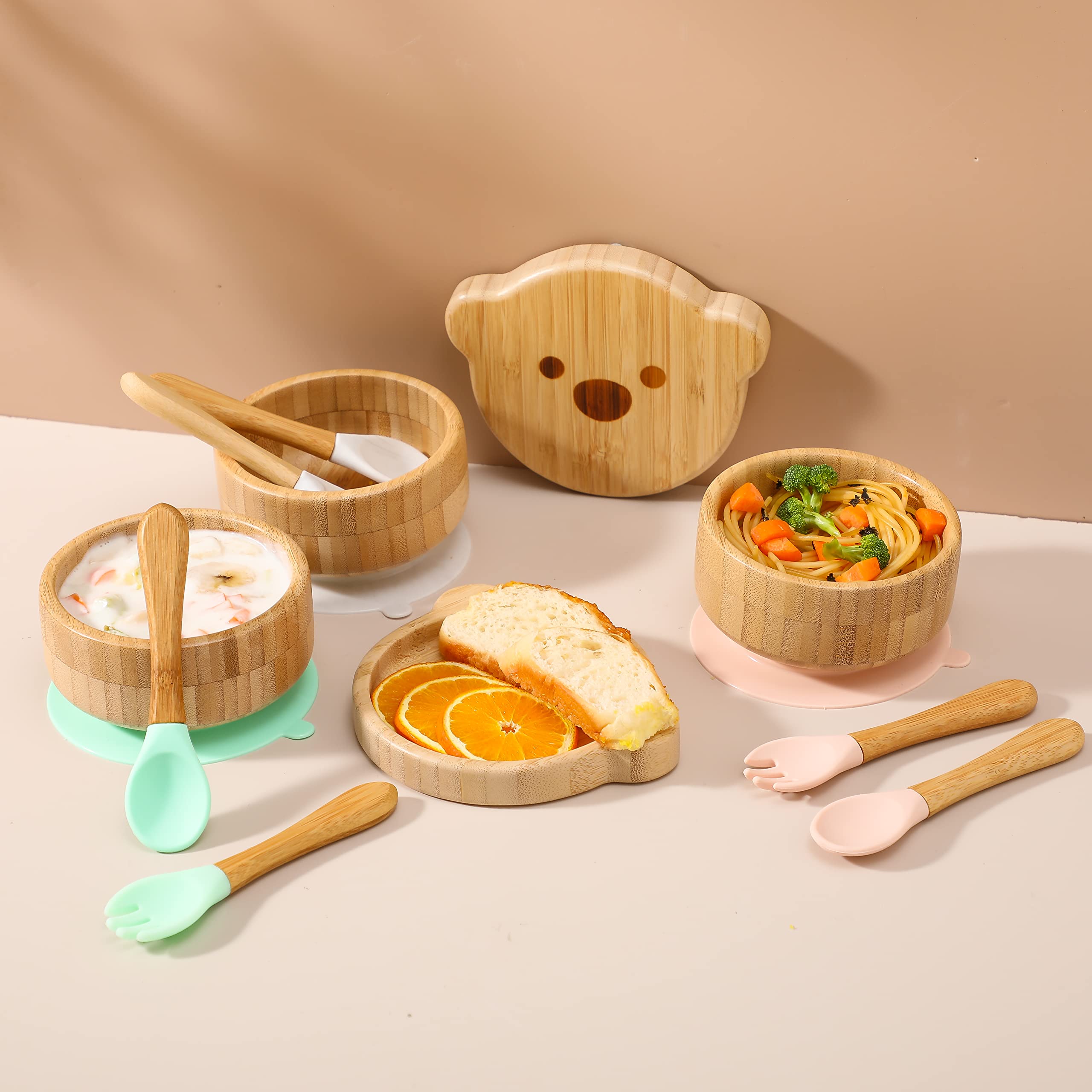 Baby Bowls with Lid,HBM Bamboo Suction Bowls for Baby and Spoon Set,3PC Feeding Supplies Set for Infant, Toddlers,Detachable Silicone Suction Stay Put Base for Wooden Bowl (Pink)