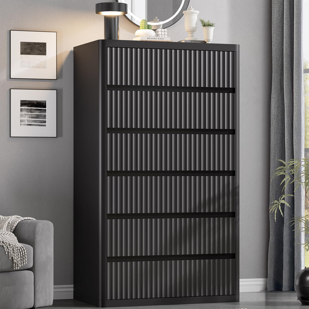 Standifurno Black 56" Tall Dresser for Bedroom, Fluted Modern 6 Drawers Deep Dressers, Wood Chest of Drawers with Handleless, Curved Profil Storage Closet Dressers for Bedroom, Living Room, Hallway