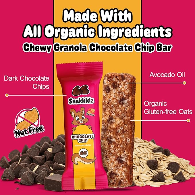 Snakkidz Organic Chewy Granola Bar, Allergen Free, Made with Avocado Oil, Low Sugar (15 Bars, Chocolate Chip)