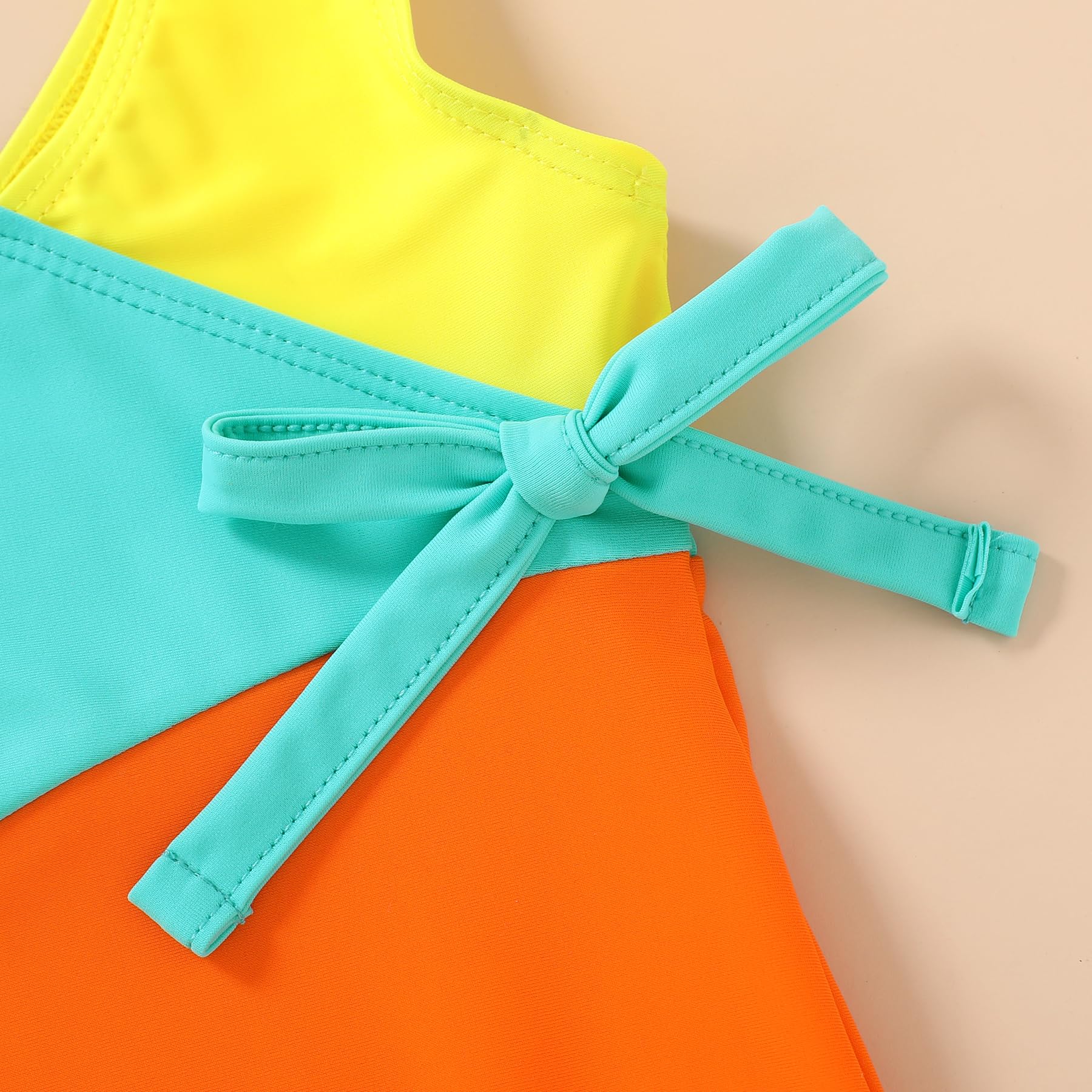 Happy Town Toddler Swimsuit Girl One Piece Bathing Suit Color Block Swimwear Baby Summer Beach Wear(18-24 Months,Yellow Blue Orange)
