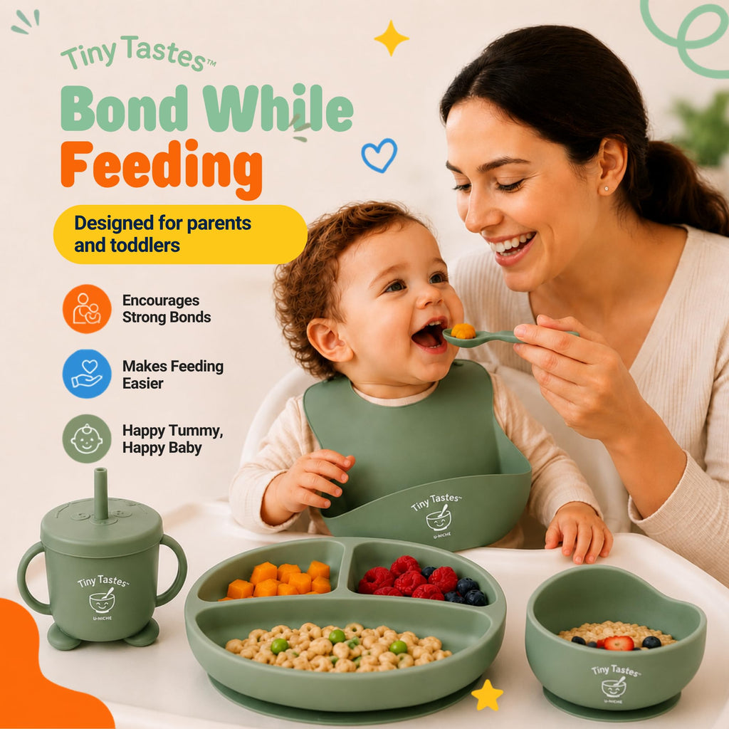 Tiny Tastes 10-Piece Silicone Baby Feeding Set – Baby Led Weaning Supplies with Suction Plate & Bowl, Adjustable Bib, Snack Cup, Spoons & Fork, BPA-Free Baby Feeding Essentials for Toddlers