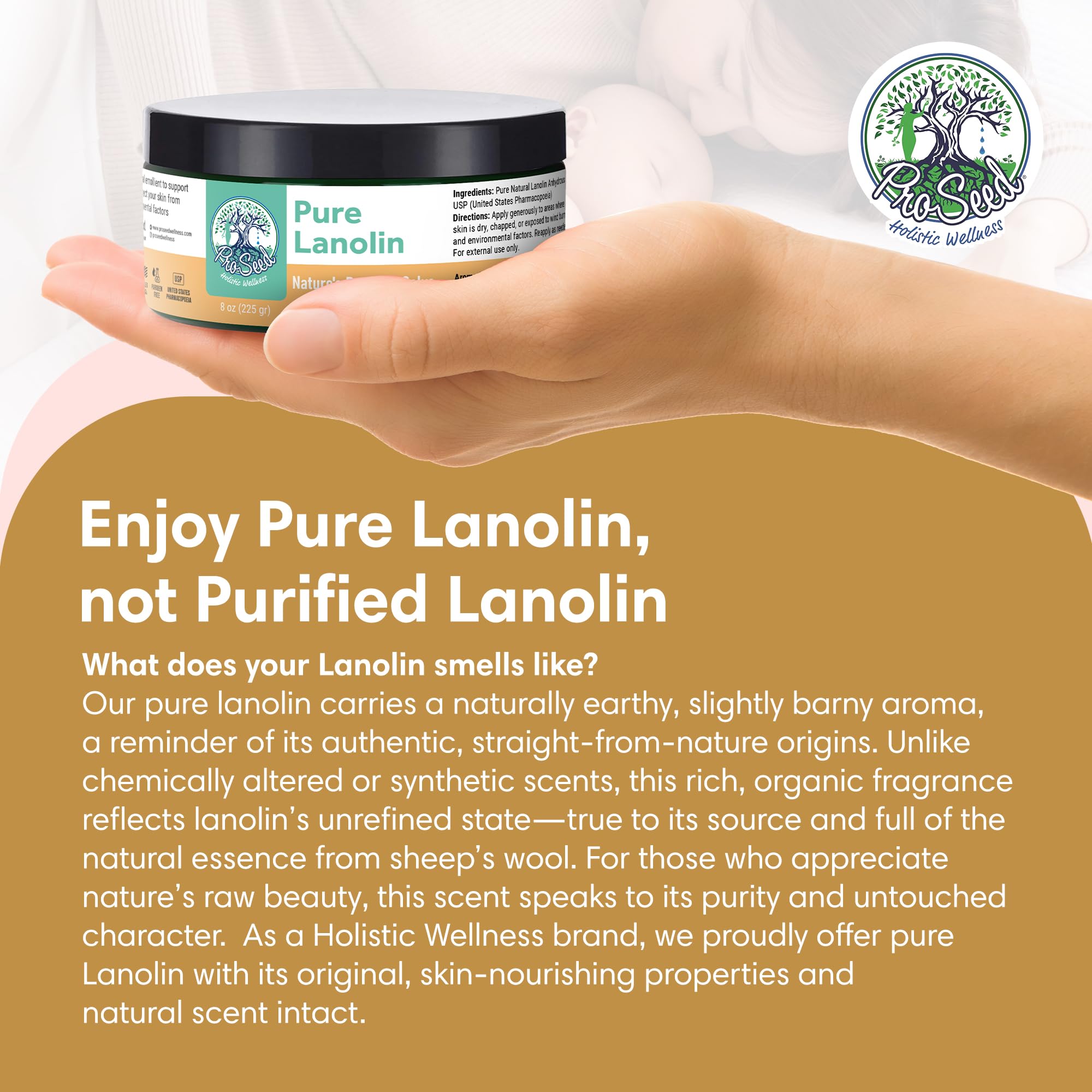 ProSeed Handmade Pure Lanolin Cream – Unrefined Balm for Moms, Baby Care & Nursing – Gentle Moisturizer for Dry Skin, Lips, Hands & Face – Petroleum-Free, 8oz