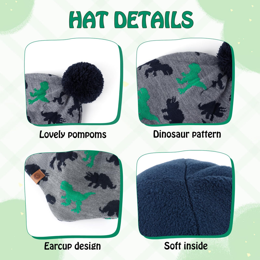 Duoyeree Kids Beanie Dinosaur Pom Pom Knit Winter Hat Fleece Lined for 1-7T