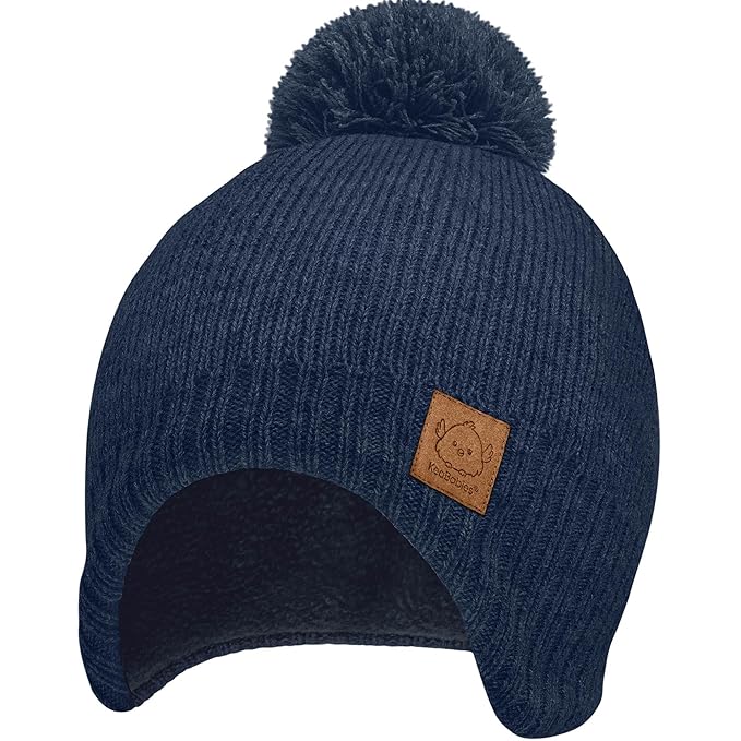 Baby Beanies, Baby Hats for Boys, Girls - Cute Toddler Winter Hat, Soft & Stretchy Beanies for Infant, Newborn 0-6 Months, Cozy & Warm with Earflap Muff & Pom (Navy, S)