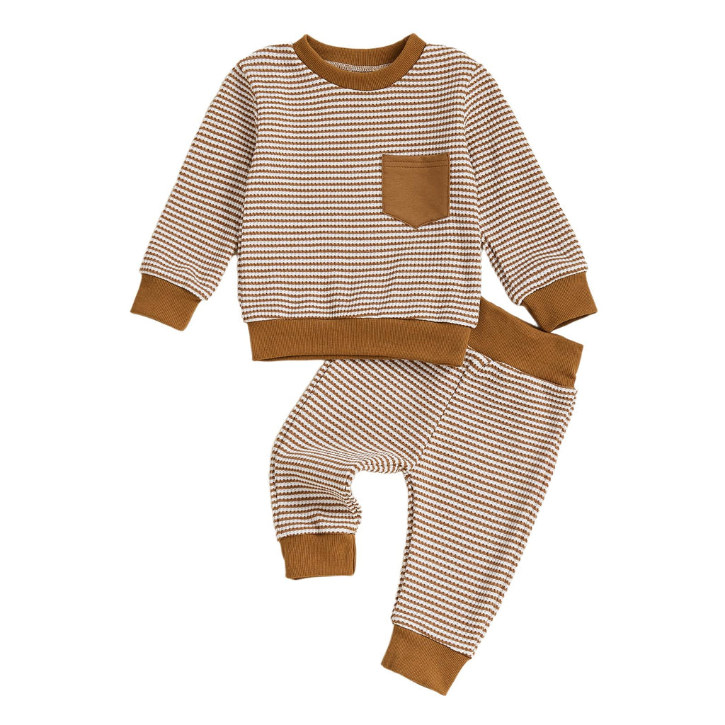 Fufuriprefer Toddler Baby Boy Fall Clothes Waffle outfit Long Sleeve Top Jogger Pant Set (Dark Khaki, 12-18 Months)