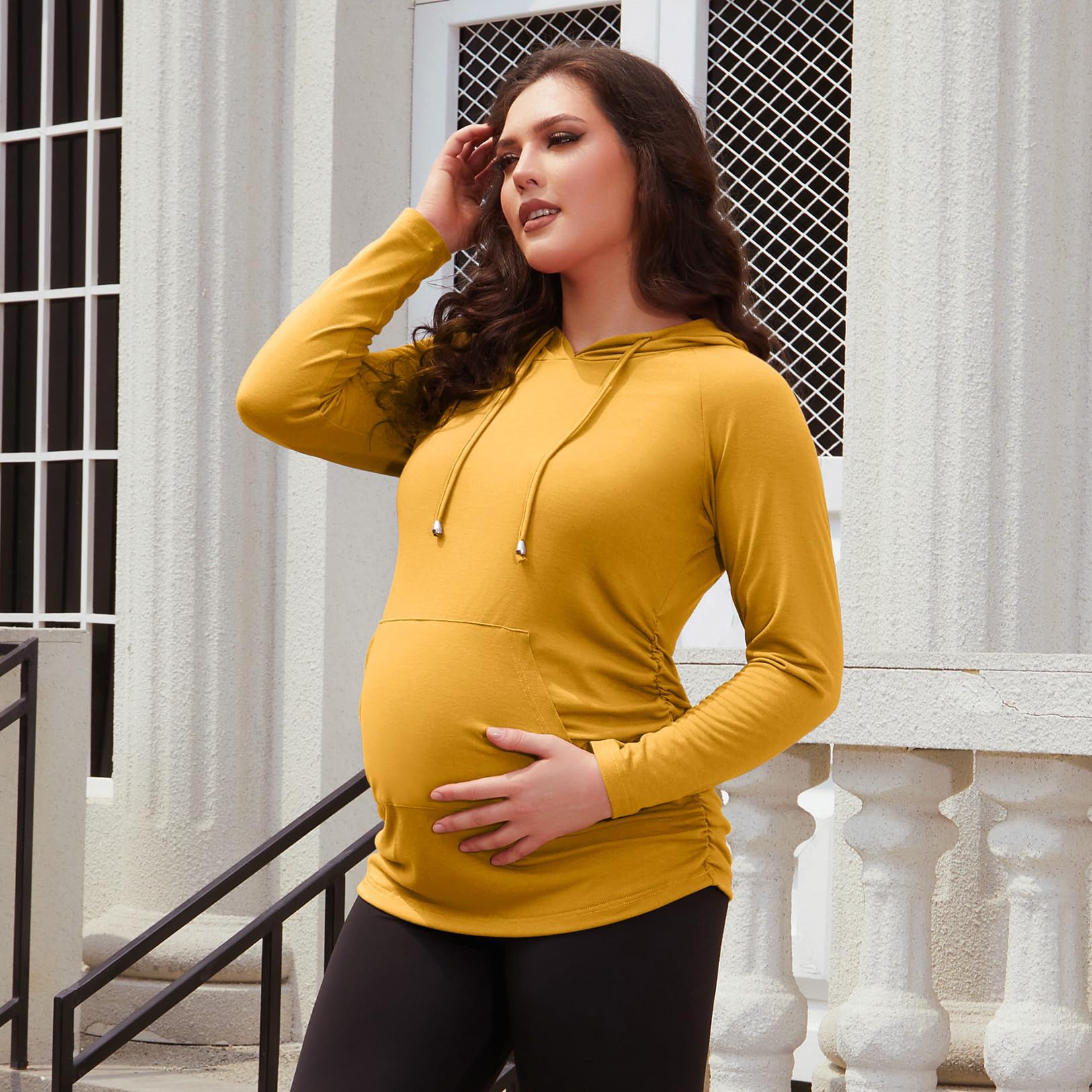 GINKANA Maternity Pullover Shirts Long Sleeve Hoodie with Pocket Ruched Maternity Casual Hoodie,Dark Yellow,XXL