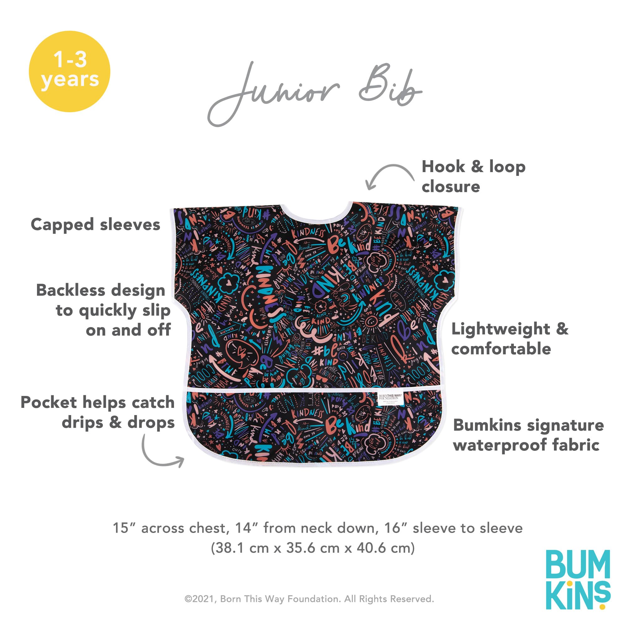 Bumkins Short Sleeve Bib for Girl or Boy, Toddler and Kids for 1-3 Years, Large Size, Essential Must Have for Junior Children, Eating, Mess Saving Soft Fabric Apron for Play, Born This Way