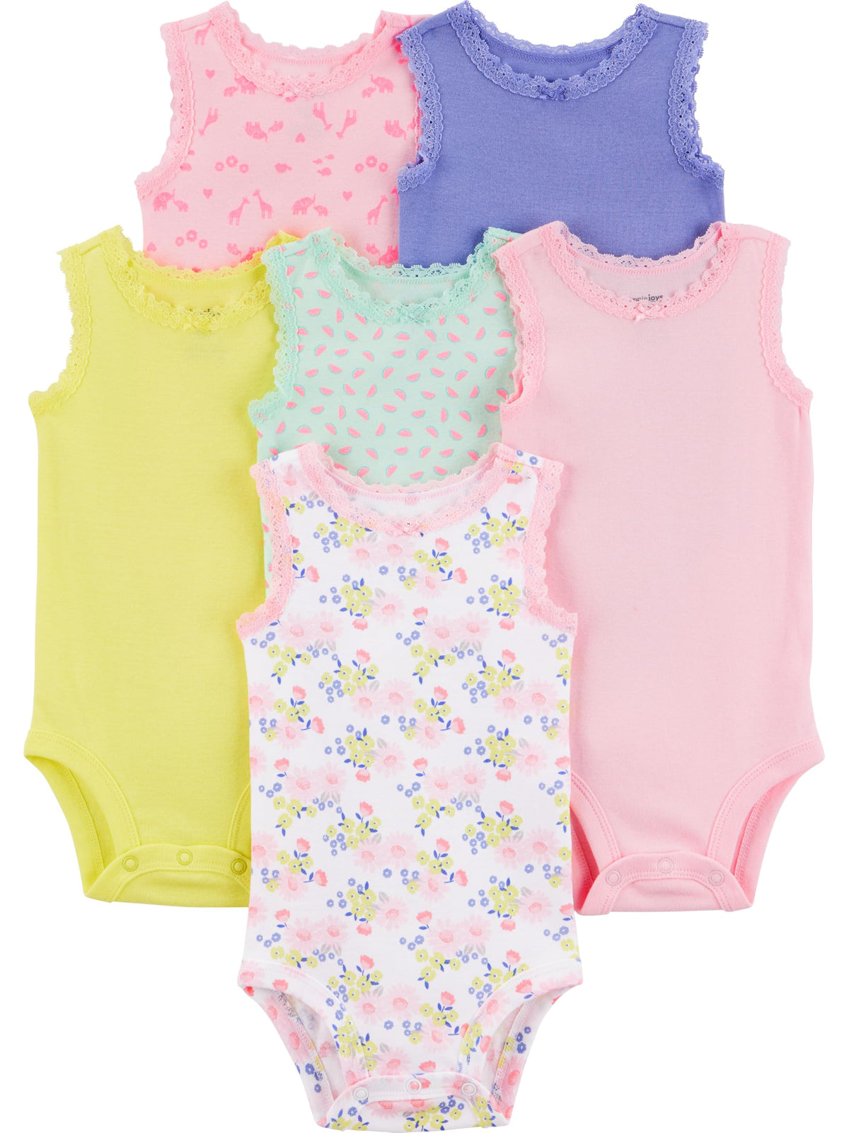 Simple Joys by Carter's Baby Girls' Short-Sleeve Bodysuit, Pack of 6, Multicolor/Ditsy Floral/Floral/Polka Dot/Tropical, 12 Months