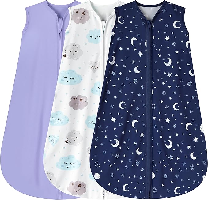 3 Pack Baby Sleep Sack 0-6 Months 100% Rayon Cotton Baby Sleeping Bag 2-Way Zipper Toddler Wearable Blankets Comfy Stretchy Lightweight TOG 0.3 （Purple&Clouds&Starry Sky）