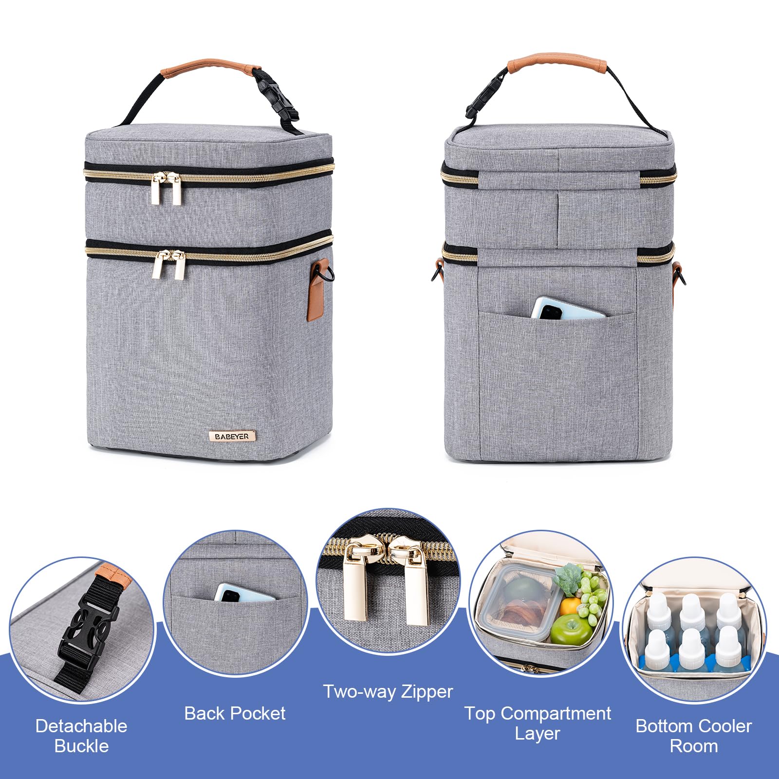 BABEYER Breastmilk Cooler Bag with Ice Pack Fits 6 Baby Bottles Up to 9 Ounce, Double Deck Leak-Proof Baby Bottles Bag with Shoulder Strap for Nursing & Working Mom, Grey