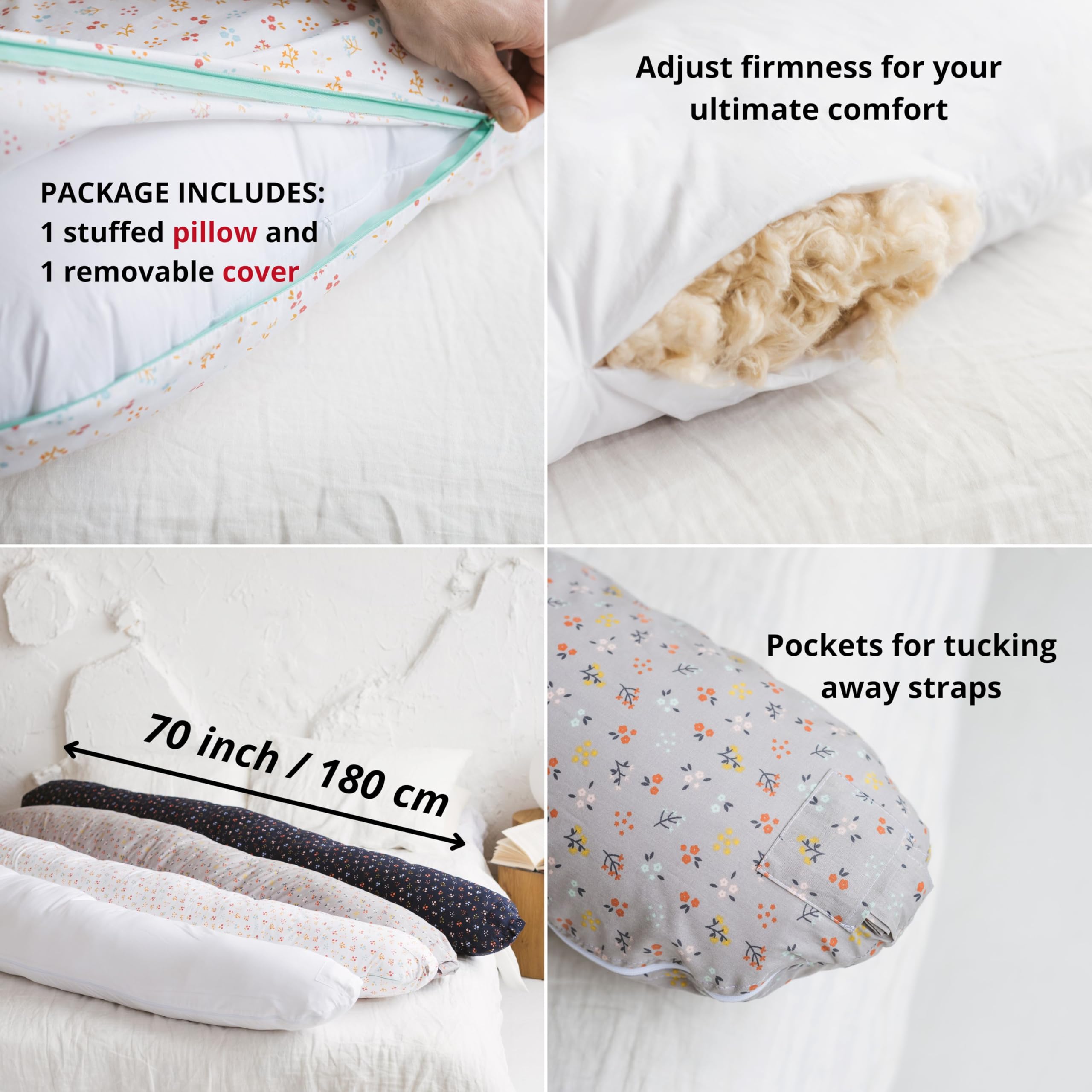 MINICAMP Full Body Pregnancy Pillow for Sleeping – Full Body Maternity Support Pillow for Back, Belly, Hips & Legs – Ergonomic Side Sleeper Pillow with Removable Washable Cover - Made in EU